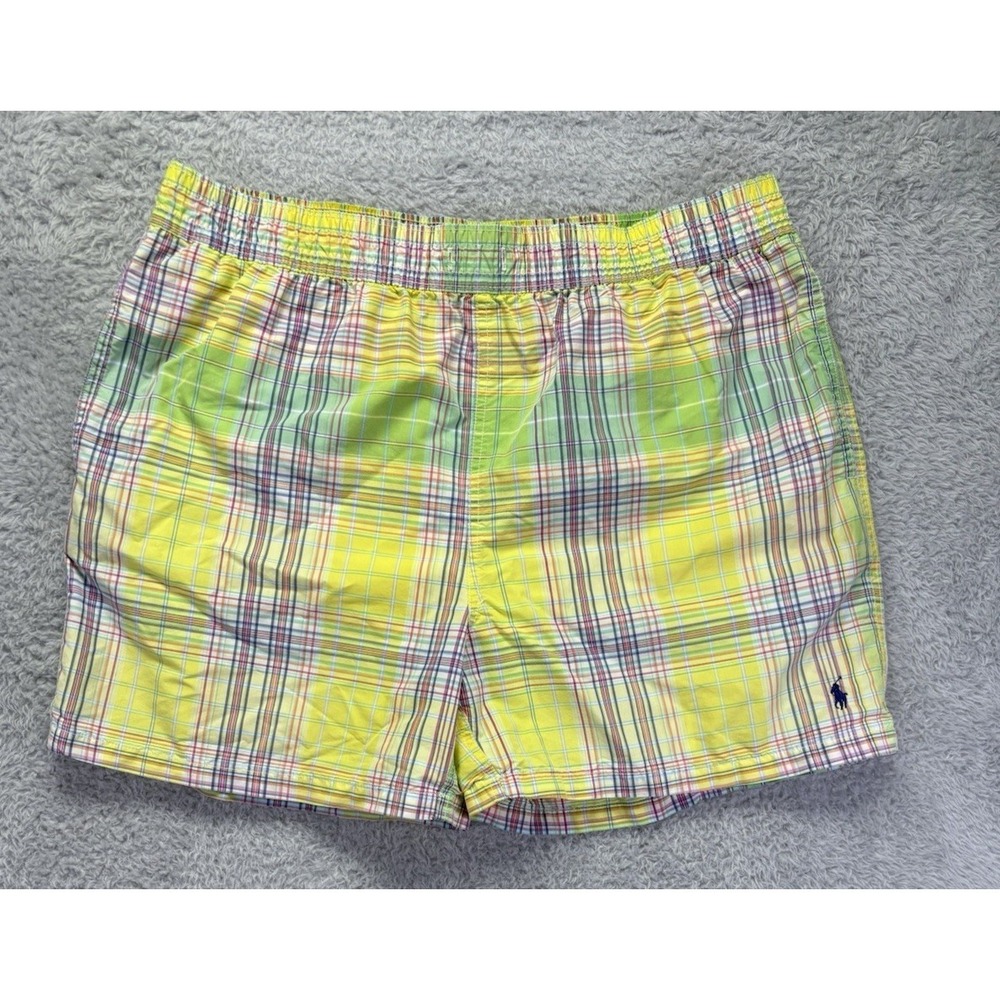 Vtg Polo Ralph Lauren Mens XL Yellow Plaid Swim Trunks 90s Bathing Suit Shorts